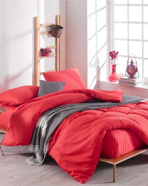 EnLora Home Set červeného povlečení s prostěradlem na dvoulůžko Basso Rojo, 200 x 220 cm