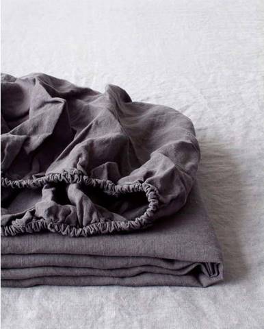 Tmavě šedé lněné elastické prostěradlo Linen Tales, 180 x 200 cm