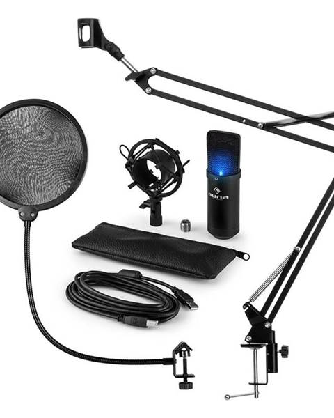 Auna Auna MIC-900B-LED, USB MIKROFONNÍ SADA V4, ČERNÁ, kondenzátorové mikrofony, POP FILTER, mikrofonní rameno, LED