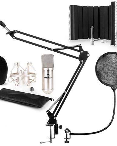 Auna CM001S mikrofonní sada V5 kondenzátorový mikrofon, mikrofonní rameno, pop filtr, panel, stříbrná barva