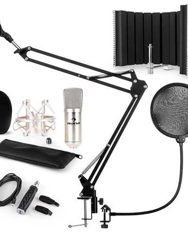 Auna CM001S mikrofonní sada V5, kondenzátorový mikrofon, USB adaptér, mikrofonní rameno, pop filtr, panel, stříbrná barva