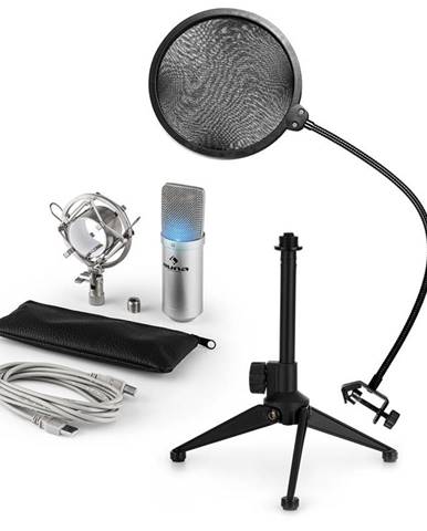 Auna MIC-900S-LED V2, USB mikrofonní sada, stříbrný kondenzátorový mikrofon + pop-filter + stolní stativ