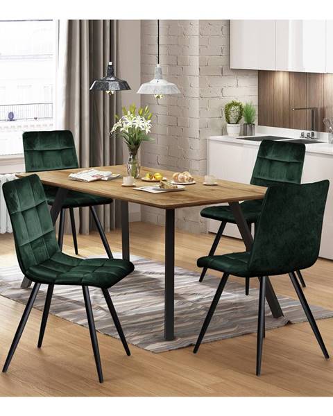 IDEA Nábytek Jídelní stůl BERGEN dub + 4 židle BERGEN zelený samet