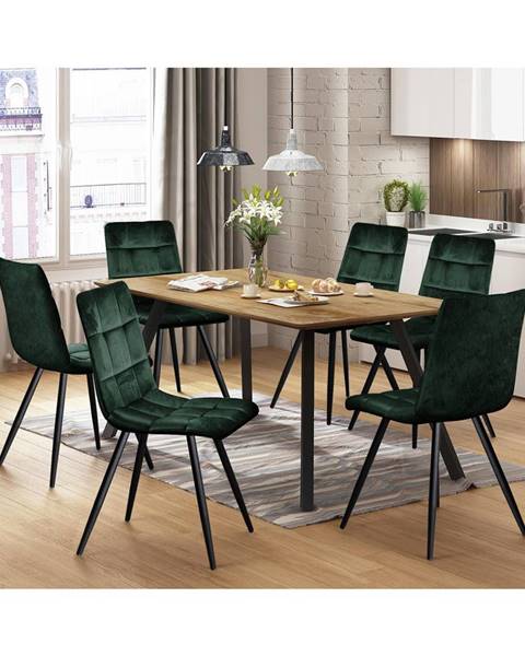 IDEA Nábytek Jídelní stůl BERGEN dub + 6 židlí BERGEN zelený samet
