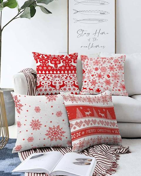 Minimalist Cushion Covers Sada 4 vánočních žinylkových povlaků na polštář Minimalist Cushion Covers Red Snowflakes, 55 x 55 cm