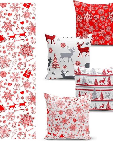 Sada 4 vánočních povlaků na polštář a běhounu na stůl Minimalist Cushion Covers Red Snowflake