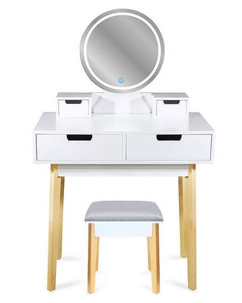 BAUMAX Toaletní stolek se zrcadlem a LED osvětlením, taburet v sadě, barva čalounění taburetu - šedá