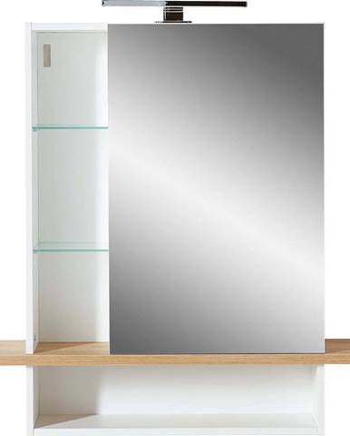 Bílá závěsná koupelnová skříňka se zrcadlem v dekoru dubu 90x91 cm Novolino - Germania
